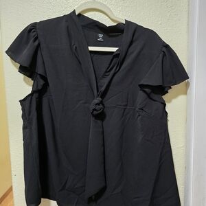 SHEIN Black Blouse with Tie Front and Ruffled Sleeves